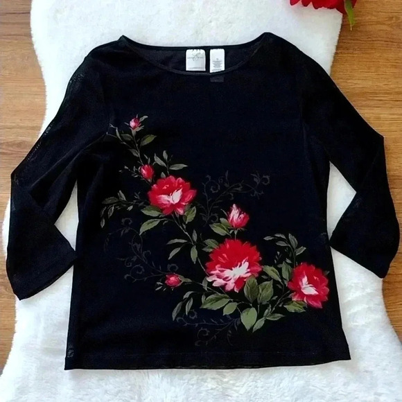 Emma James Floral Semi Sheer Black Top - Picture 2 of 11